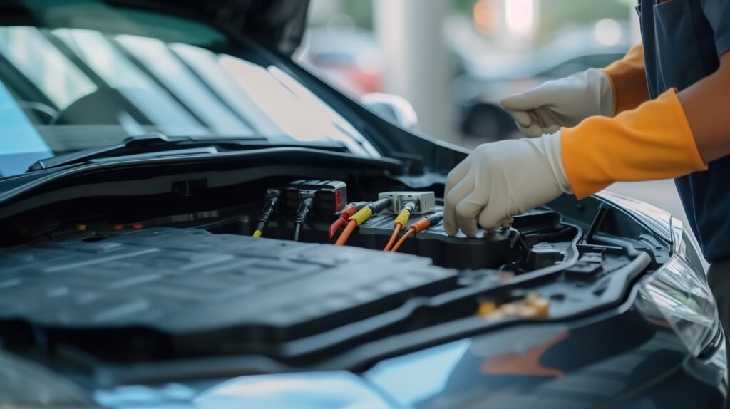 Selective focus hands in gloves of expert technicain electric car, EV car while opened A used Lithium-ion car battery before its repair. Generative Ai