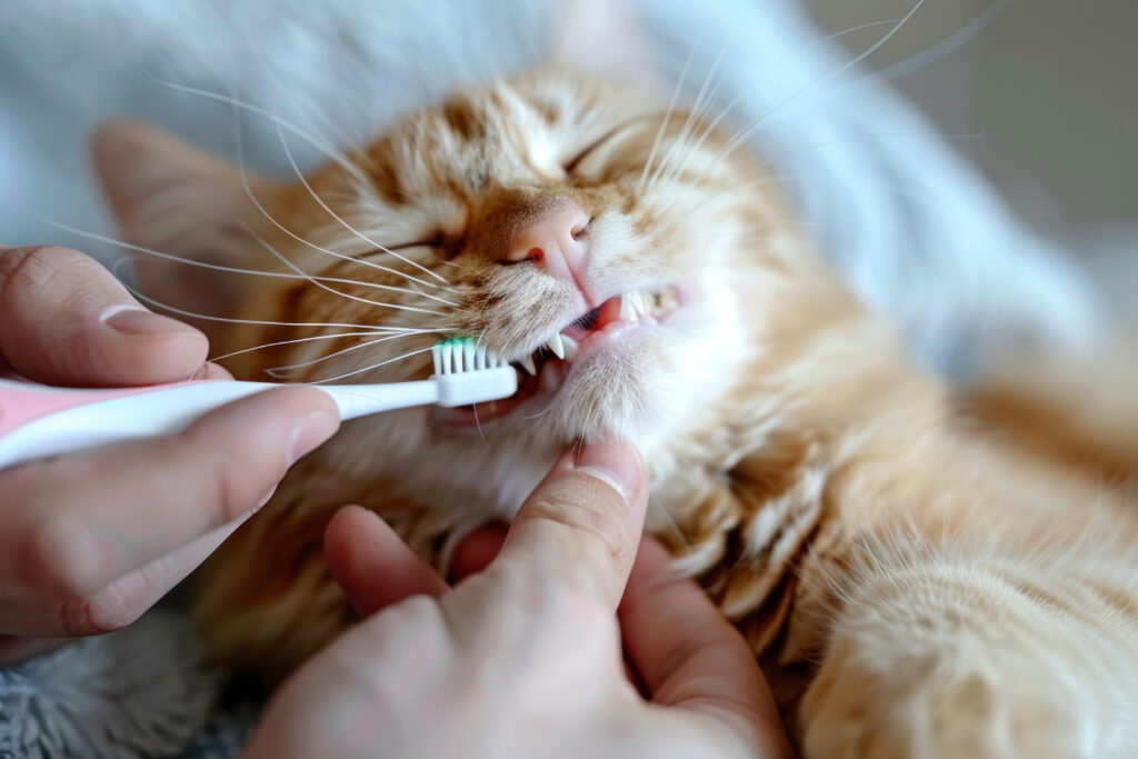 Cat dental hygiene. A cat having their teeth brushed