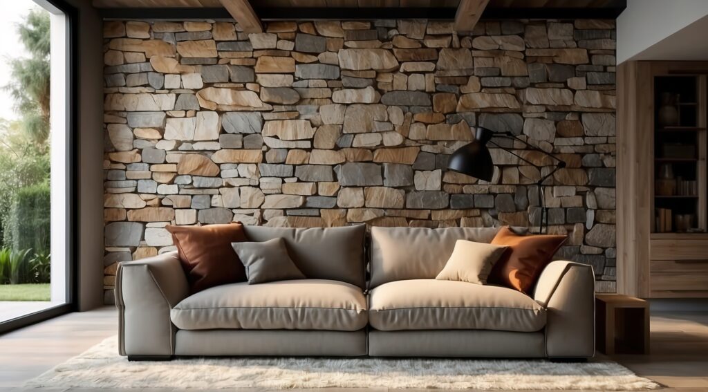 Corner sofa against window in room with stone cladding walls Farmhouse style interior design of modern living room