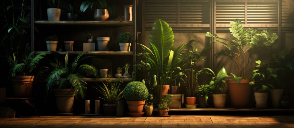 The room is overflowing with a diverse collection of potted plants, ranging from small succulents to leafy ferns, neatly arranged in a 6B style decor.