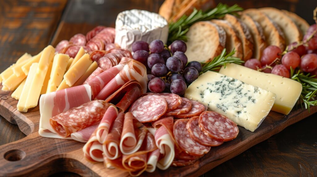 An appetizing breakfast platter featuring a variety of cheeses, cold cuts, fruits, and bread, elegantly arranged on a wooden board, perfect for a hearty morning meal.