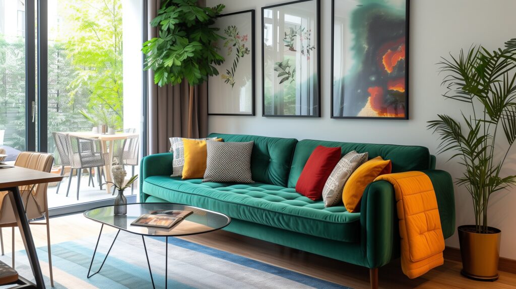 Comfortable green couch with cushions placed against wall near dining table in spacious colorful living room with glass window