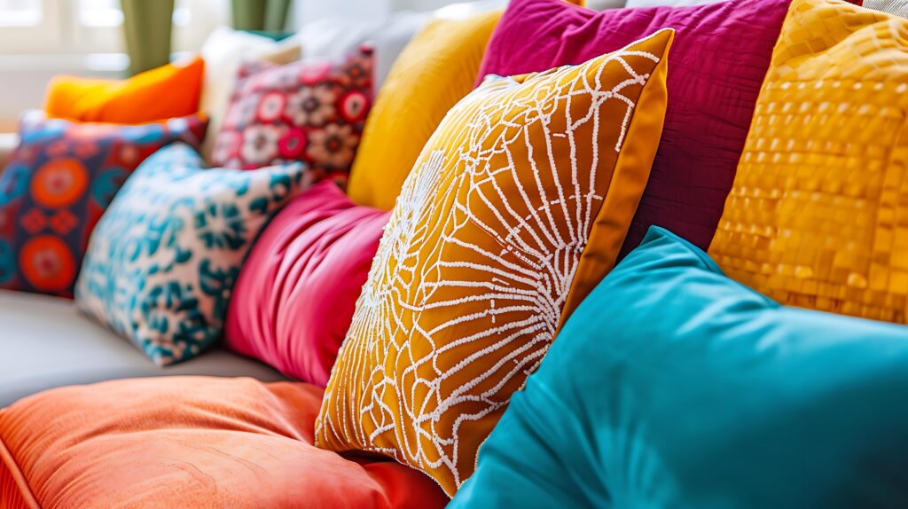 Selection of colorful cushions on a sofa