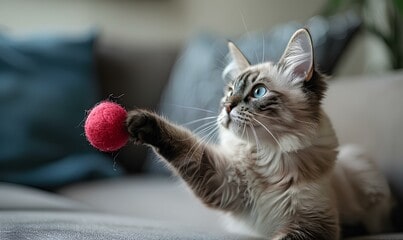 A cute Ragdoll cat happily plays with a ball. generative AI