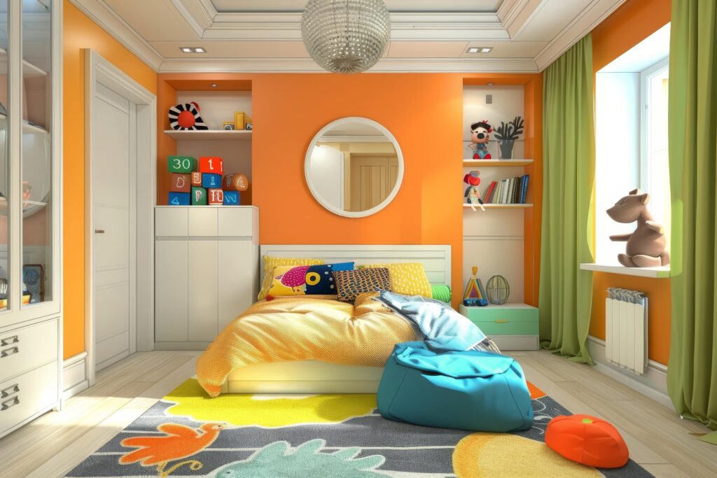 Cheerful child bedroom in vibrant colors. Cozy interior design. Creative artwork.