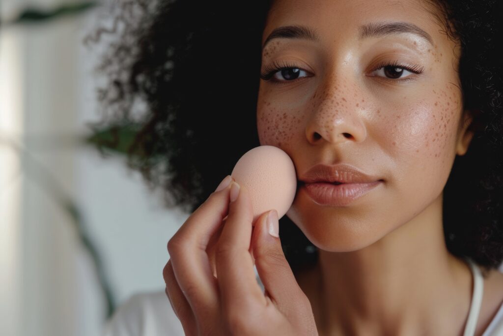 Poised woman applying makeup sponge on her cheek, embodying daily beauty ritual.