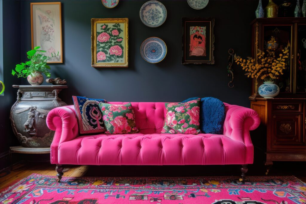 Interior of a living room with a pink sofa and colorful cushions