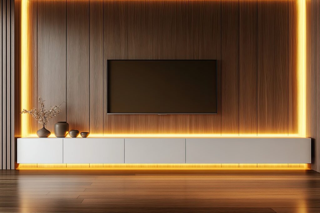 modern white wood TV cabinet with brown wall panels and glowing wooden floor 