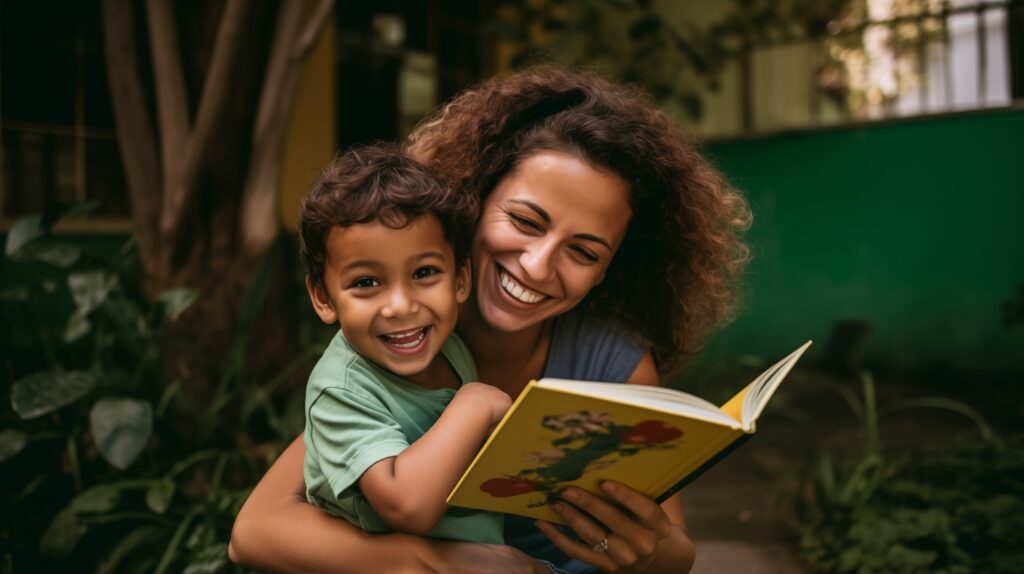 Uma mulher brasileira lendo um livro de historias com seu filho