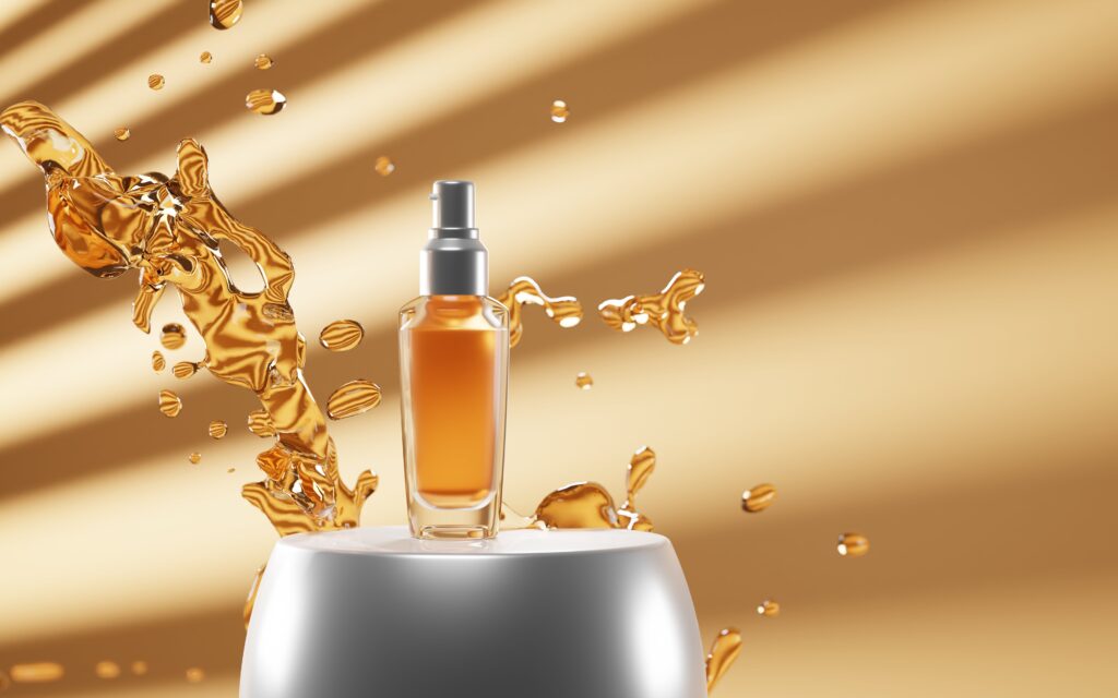 Cosmetic glass bottle spray with golden liquid on podium in sunlight. Perfume in splash water, face or body oil, lotion, essence or serum hair, beauty skin care product, 3d illustration mockup banner