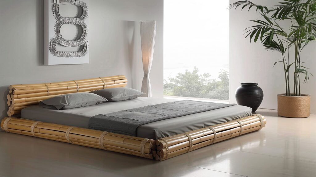 A contemporary bedroom with a minimalist, eco-friendly bamboo bed frame