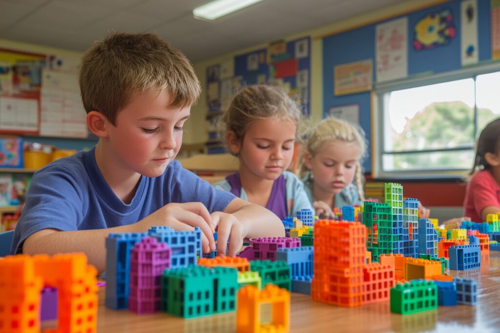 Students building colorful block structures in a classroom setting