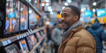 A happy black man smiles while shopping for groceries in an electronic retail store.