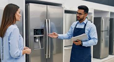 Salesman showing refrigerator to woman in home appliance store. Expert consultant advising on new durable goods. Retail concept, with copy space