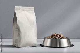 Pet food bag and metal bowl filled with kibble on a sleek surface in a modern kitchen setting