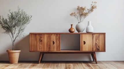 Warm, mid-century modern sideboard with vases and a potted plant against a neutral wall. Minimalist and inviting interior design