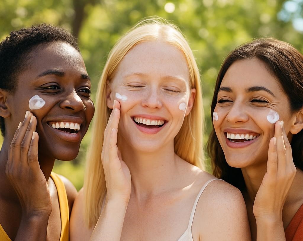 mulheres passando protetor solar