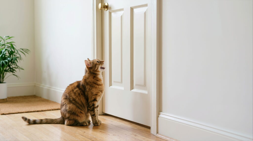 gato miando em frente à porta